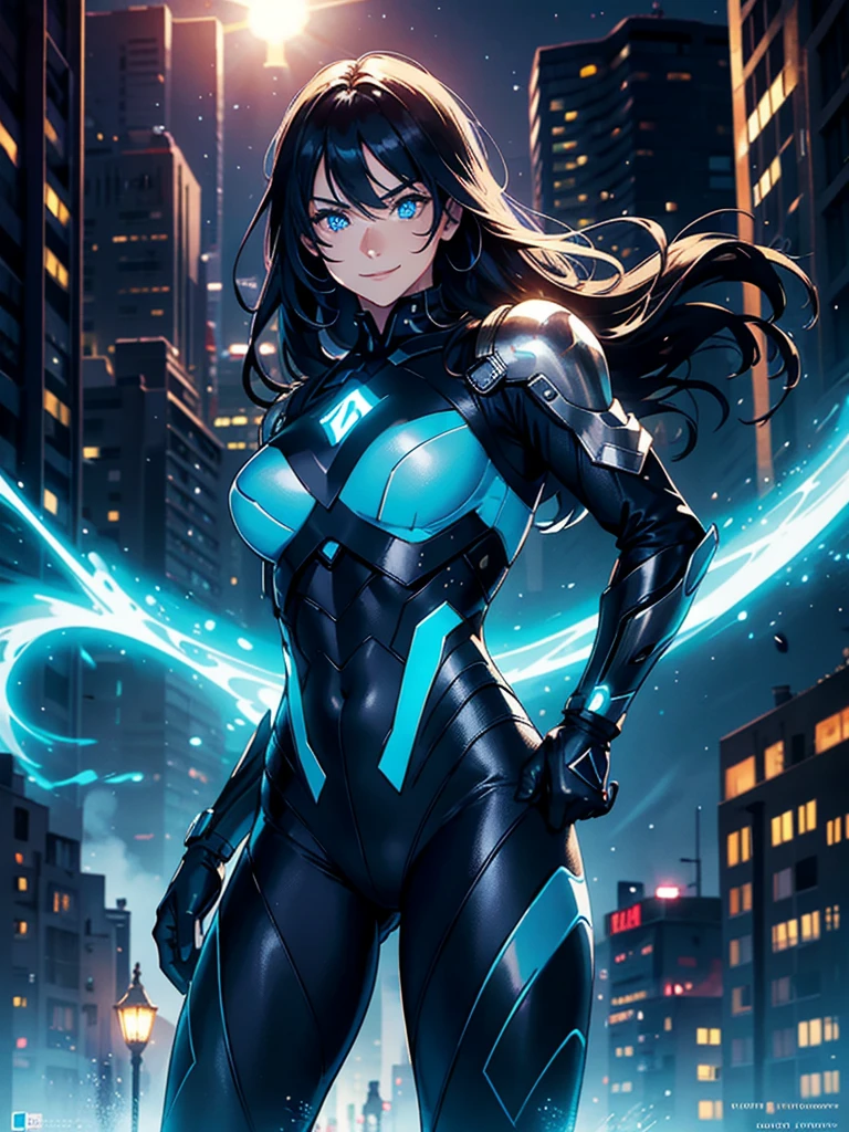 16K, HDR,UHD, RTX, ray tracing, chiaroscuro, best quality, masterpiece, ethereal, perfect illustration, digital artwork, trending on artstation, jaw-dropping perfection, ultra realistic, textured amazing lighting effects, perfect shadows, WLOP, 1girl, beautiful mature edgy woman in a cool long jacket and black pants, superhero suit, stomach covered by clothing, shoulder-length hair, shoulder-length hair, wavy hair, black hair, highly detailed glowing blue eyes, glowing eyes, blue eyes, beautiful glowy blue eyes, detailed eyes, beautiful face, perfect anatomy, broad shoulders, strong upper-body, modern city, city, beautiful weather, stunning sunshine, sunny, daylight, sunlight, modern, nature, daytime, superhero, uplifting, heroic, heroic pose, smiling, smiling at camera, athletic, hands near hips, glowy eyes, daytime, black and blue superhero suit, metal shoulder-pads, summertime, radiant sunlight, beautiful cityscape, hair blowing in wind, manly shoulders, big smile, wide smile, happy eyes, joyful, smiling with teeth, very tall, wide shoulders, tall