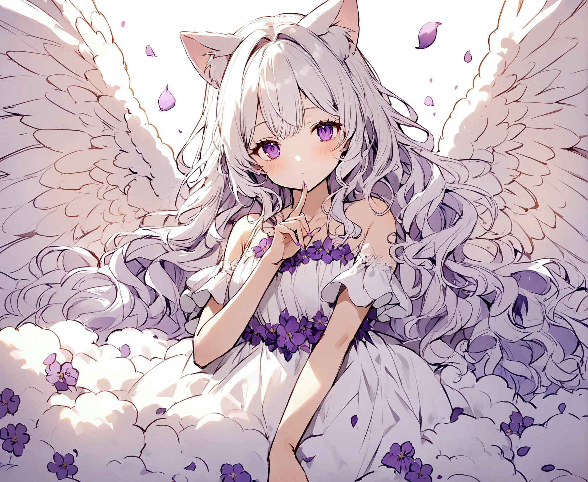 Wink,Long Wavy Hair,White hair is very attractive, Detailed and precise manual work, Attractive girl, White cat ears,Purple eyes and white eyelashes,light in your eyes,Big angel wings,On a fluffy cloud,The nails are purple,Great light, Petals flutter,A delicate, flowing white dress with purple floral print, Hand-drawn illustration,Broad background,