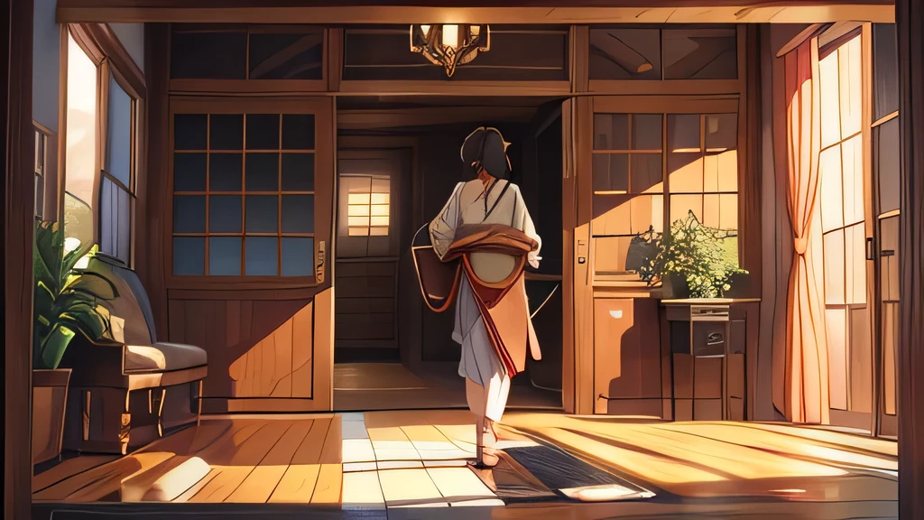 A middle-aged woman, with a delicate figure and haggard eyes, walks inside the house with a heavy heart carrying a copper basin, anime style, medium distance framing, best quality picture