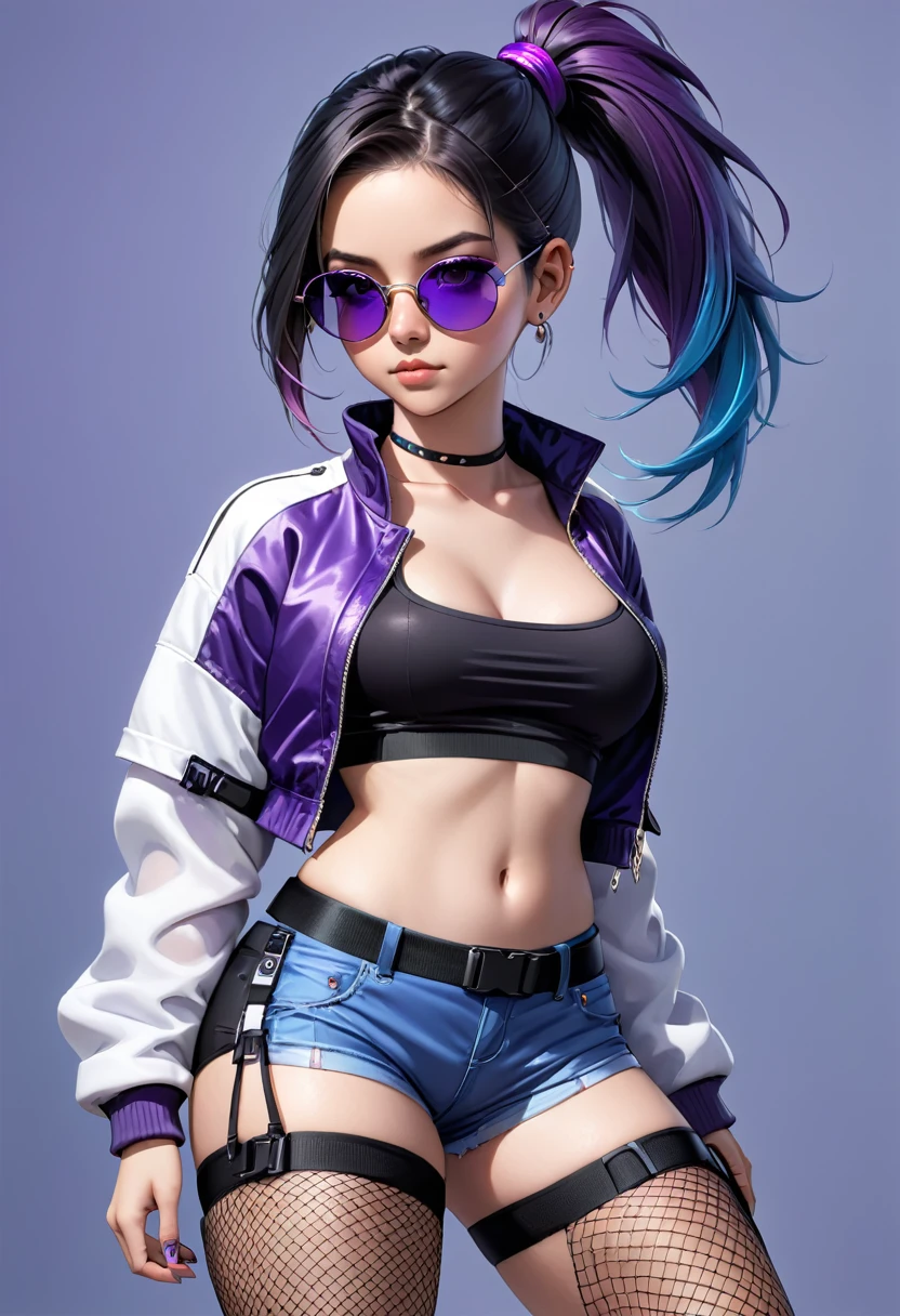 young girl, who wears a short jacket and a crop top, covering her upper body, exposing the navel. She also wears black buttonless shorts with a decorative piece of black and purple fabric, which hangs from the back, and also a white belt, with a gaming console attached to his hip. She has purple sunglasses on her head, , which she ties her hair into a loose ponytail. She also wears a pair of black ones, white and blue shoes, and also a knife, attached to her right leg, and short fishnets on the left calf. Besides, she has blue bandages on her left knee and lower back.