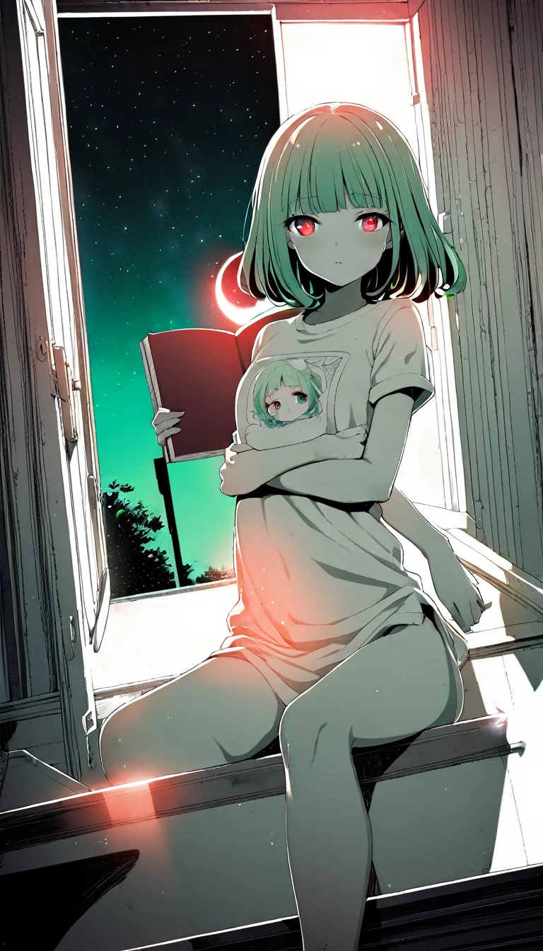 A girl looks out her bedroom window at the night sky, Bright green hair and glowing red eyes, Wearing a white Y-shirt、1 Girl, Baby Face、 Portraiture, High Contrast,Official Art、feet２Book、arm２Book、Eye for fine details、(anime, 8K, masterpiece, Highest quality, Highest quality, beautifully、aesthetic, Professional Illustration, Very detailed, Perfect lighting, Perfect Shading, Perfect sharpness)
