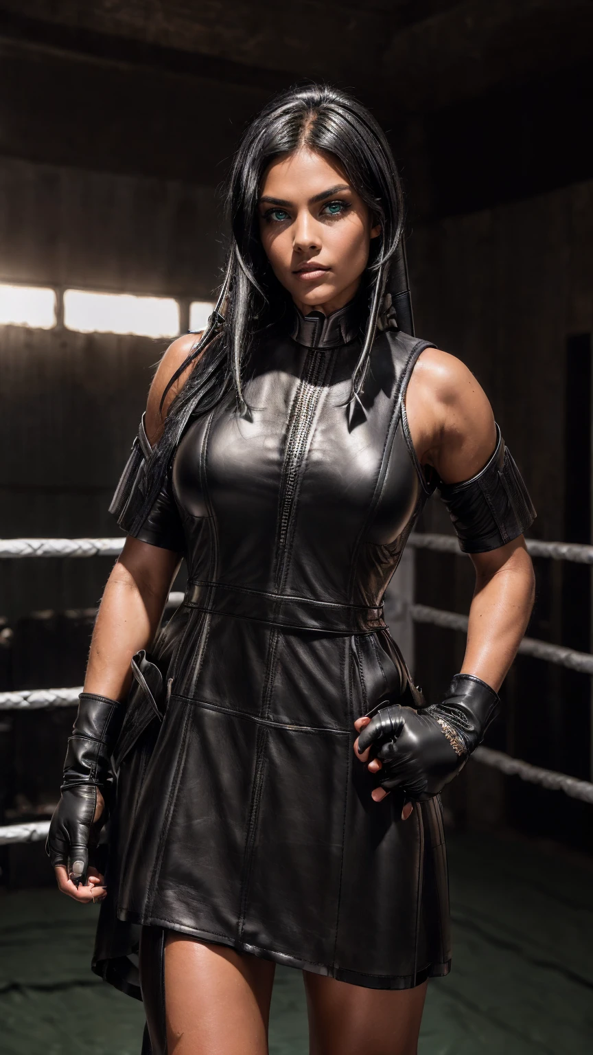 masterpiece, best quality, ultra-detailed, high resolution, extremely detailed, (Full Body Shot:1.3), (sharp focus:1.2), photo, gorgeous and stunning girl, beautiful, 18 years old, (emerald-green eyes:1.4), ((jet-black hair:1.4)), (tanned skin:1.4), short straight hair, (beautiful face:1.1), detailed eyes, luscious lips, (heavy makeup:0.85), (confident:1.2), wearing (black leather boxing gloves:1.2), (black leather army dress:1.7), on a (boxing ring), (intimidating pose), (thick thighs:1.5), (crowded boxing arena), depth of field, bokeh, 4K, HDR. (full body portrait),