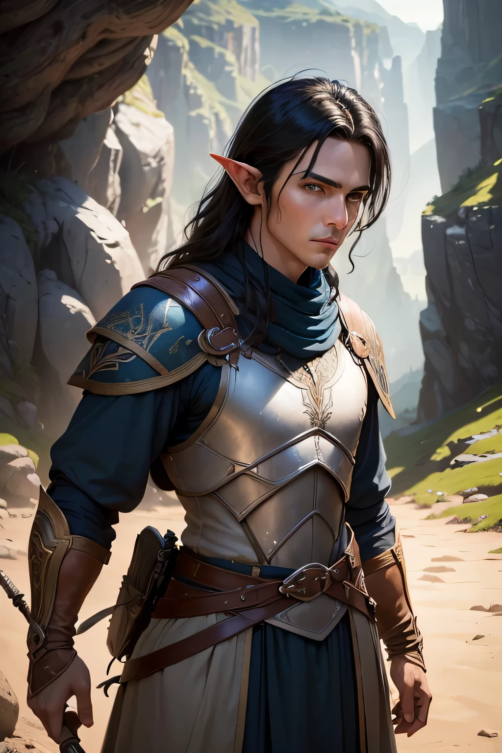 ((best qualityer)), ((work of art)), (detailded), 8K, 4K, hight contrast, work of art, 1 male elf ranger adventurer , light black hair ,blue elven armor, in the background magnificent valley ,similar to the works of JRR Tolkien, clear lighting, detailed shadows 
