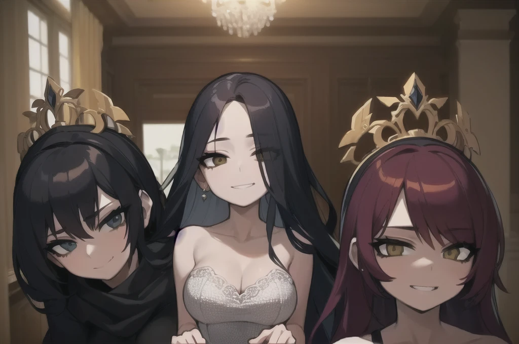 three sexy women who are wives of 4 years old boy, looking at camera, seductive smiles, portrait, various colors of hair, moaning, bride dresses