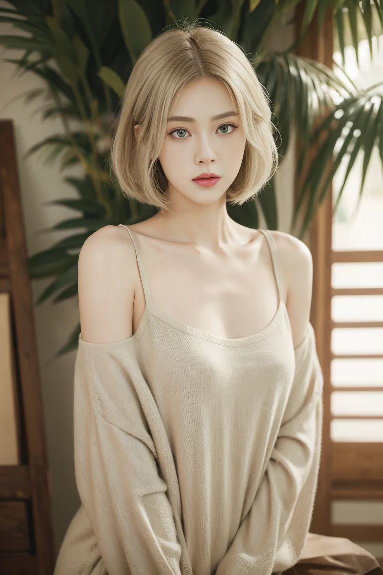 1 girl, Solitary, Lovely, Looking at the audience, Beautiful Body, blush, (Medium Length Silver Blonde Straight Bob), (Small breasts), (Green Eyes), Very lifelike eyes, Fashionable Casual Wear, nice environment, Very detailed, masterpiece, best quality, best quality, high resolution, (masterpiece:1.2), Realistic lighting, incredible lighting