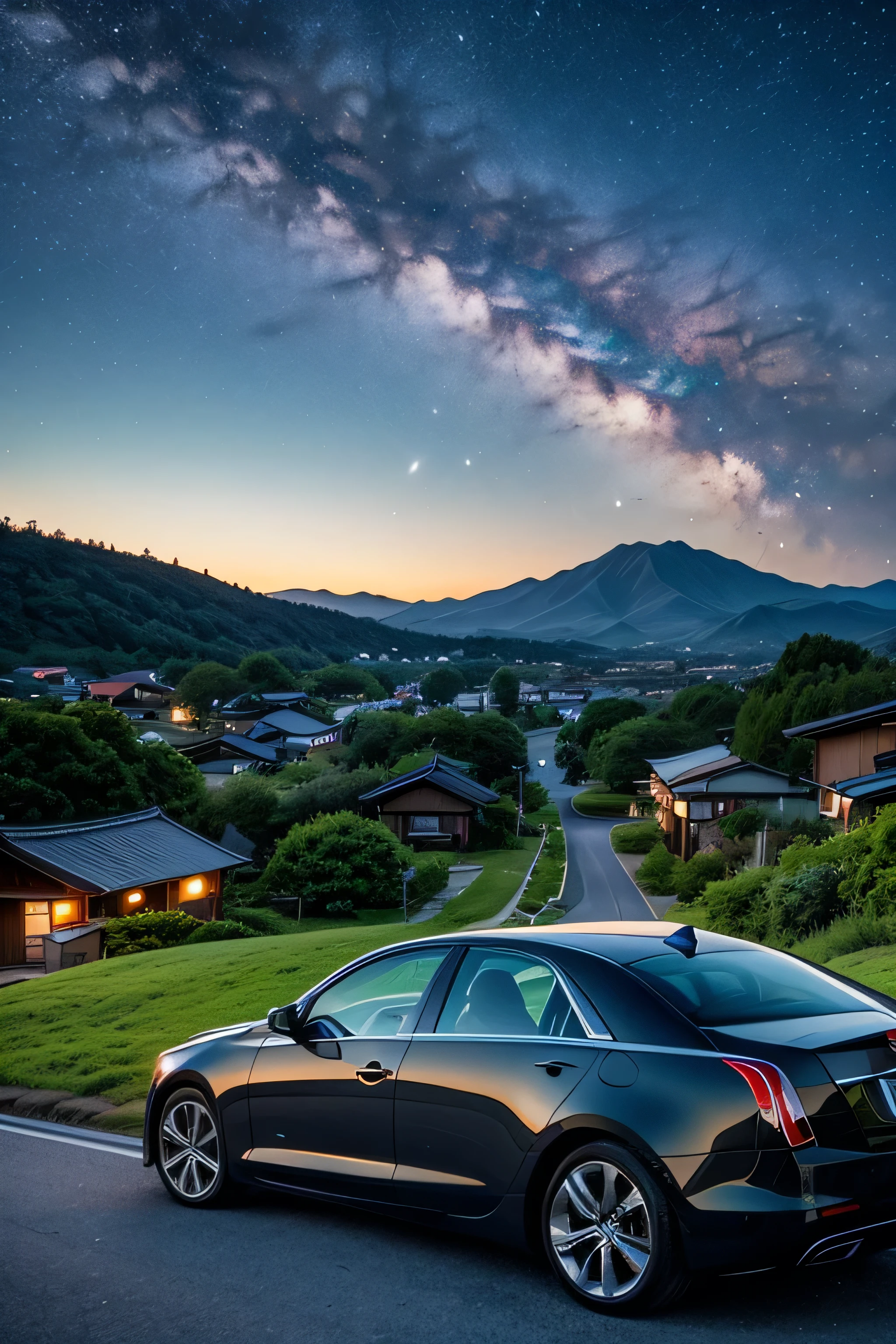 Indigo sky,Japanese countryside,A peaceful mountain town,Cadillac ATS,car,停car,黒いcar体,Japanese Landscape,Nightfall,Before dawn,Stars twinkle,Oblique front view,rural area