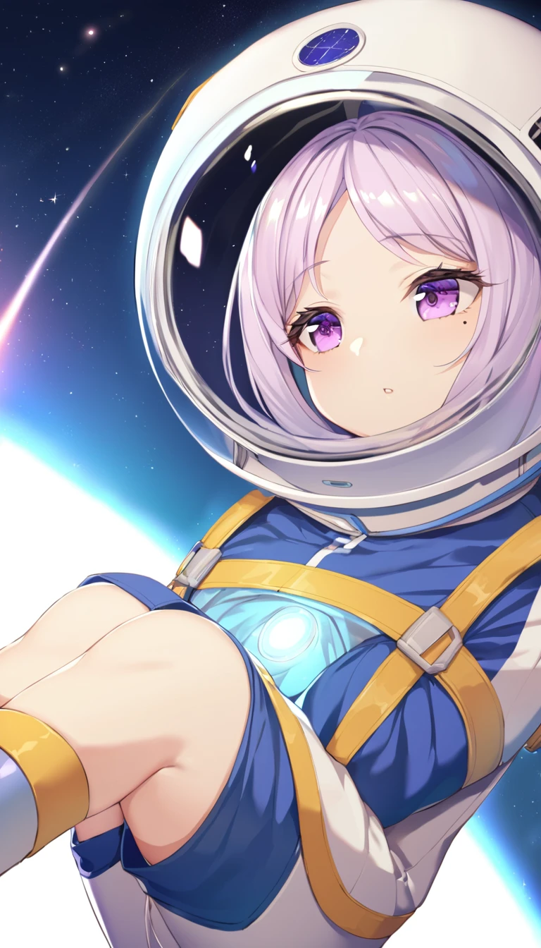 Pre-Girl, Floating in space, Wearing a space suit, Science, Huge space city, The lighting is gorgeous, The helmet has a light, Bring a jetpack, Mole under the eye, Purple eyes, Long eyelashes, Decided, Contemplative, Anatomically correct, masterpiece, Highest quality