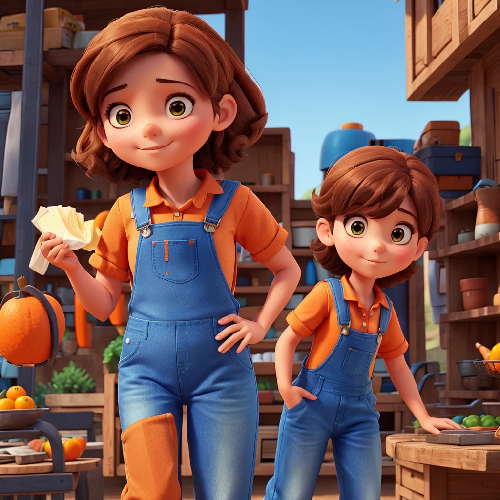 ONLY one in blue overalls with an orange blouse and dark brown hair 