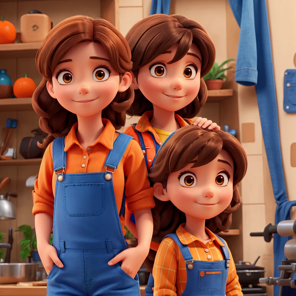 ONLY one in blue overalls with an orange blouse and dark brown hair