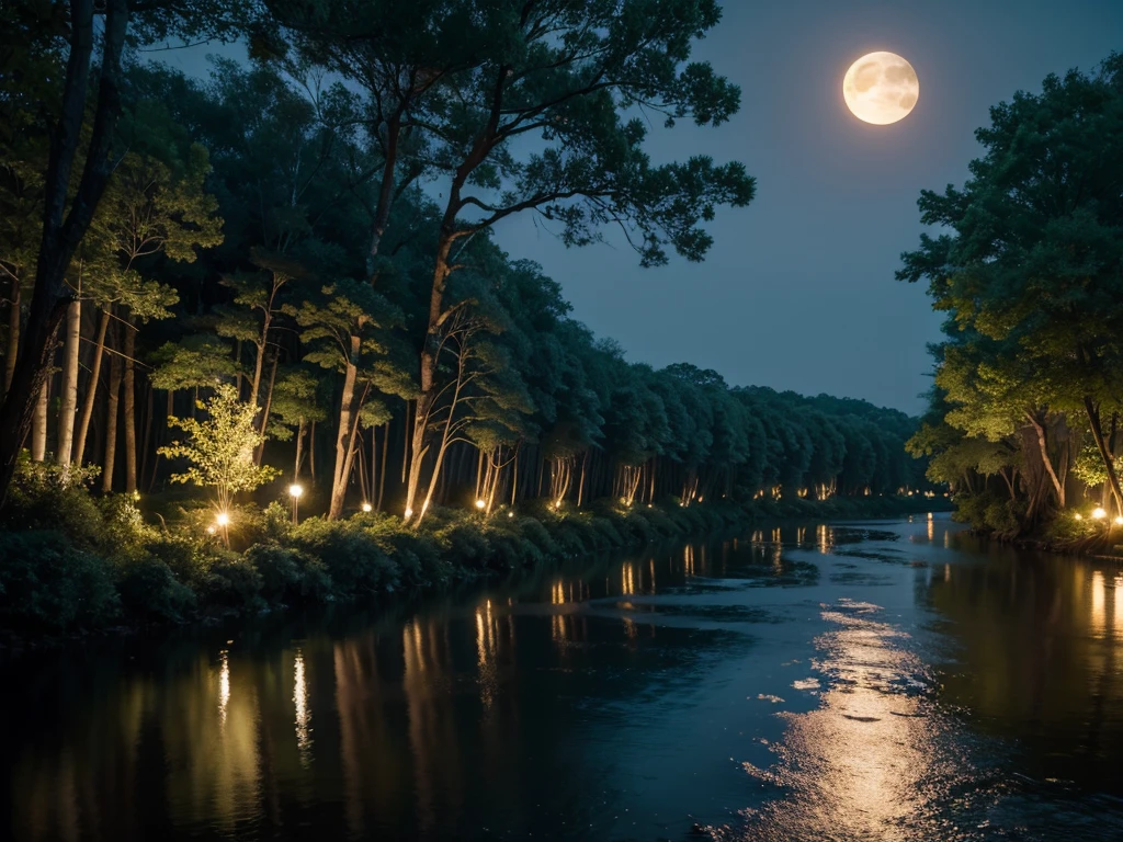 8K HD quality, River forest forest grows in the river,There is a moon in the sky at night, white moonlight