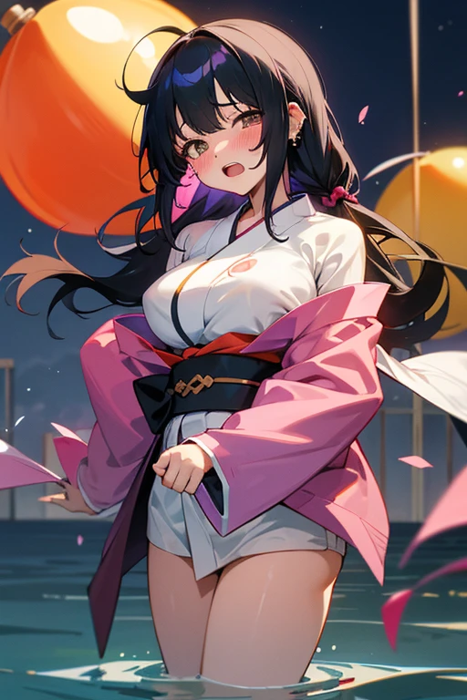 one girl, solo, long hair, breasts, very large breasts, looking at viewer, blushing, open mouth, bangs, black hair, outdoors, kimono, open clothes, tears, kimono, clothes pulled up, night, piercing, yukata, vibrator, open kimono, water balloon yo-yo on nipple, water balloon yo-yo hanging from nipple