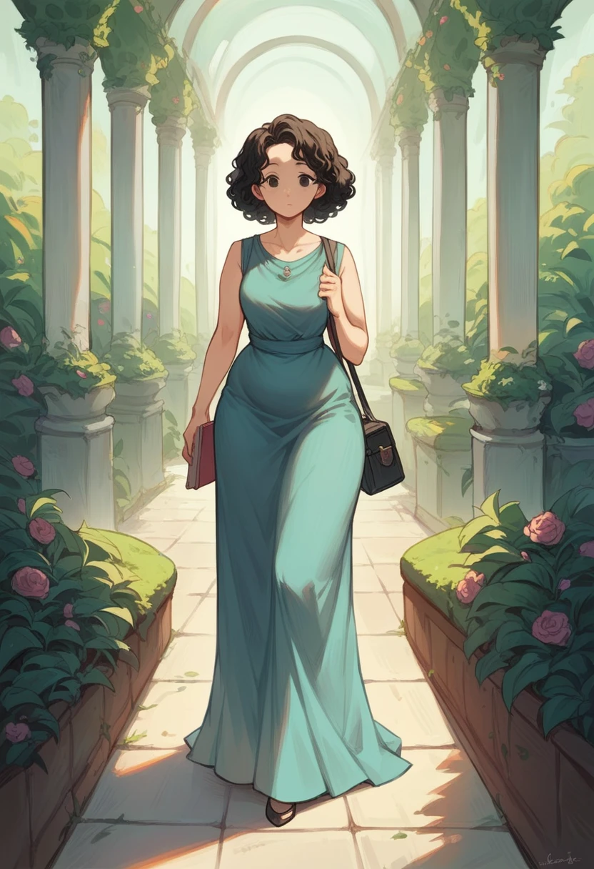 alone, 1 woman 40 years old, Brunetette, obese. Slim waist wide hips, black eyes, Round face. defined mouth, black curly hair , wearing long gown, with side bag ,notebook in arms, standing, walking deep garden