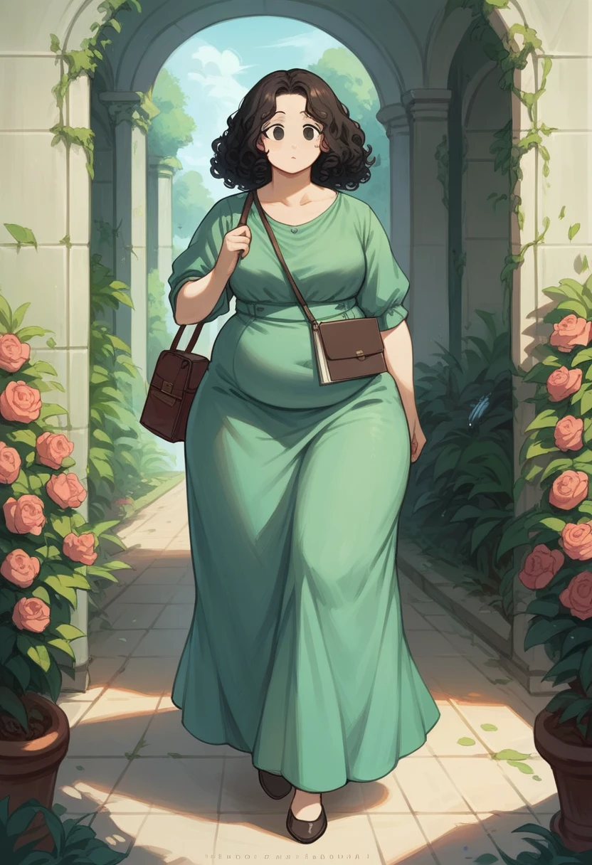 alone, 1 woman 40 years old, Brunetette, obese. Slim waist wide hips, black eyes, Round face. defined mouth, black curly hair , wearing long gown, with side bag ,notebook in arms, standing, walking deep garden