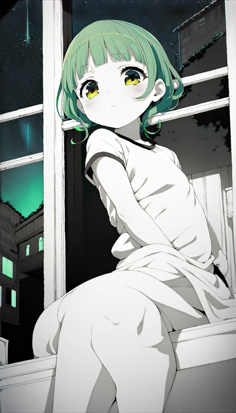 A girl looks out her bedroom window at the night sky, Bright green hair and glowing red eyes, Wearing a white Y-shirt、1 Girl, Baby Face、 Portraiture, High Contrast,Official Art、feet2Book、arm2Book、Eye for fine details、(anime, 8K, masterpiece, Highest quality, Highest quality, beautifully、aesthetic, Professional Illustration, Very detailed, Perfect lighting, Perfect Shading, Perfect sharpness)