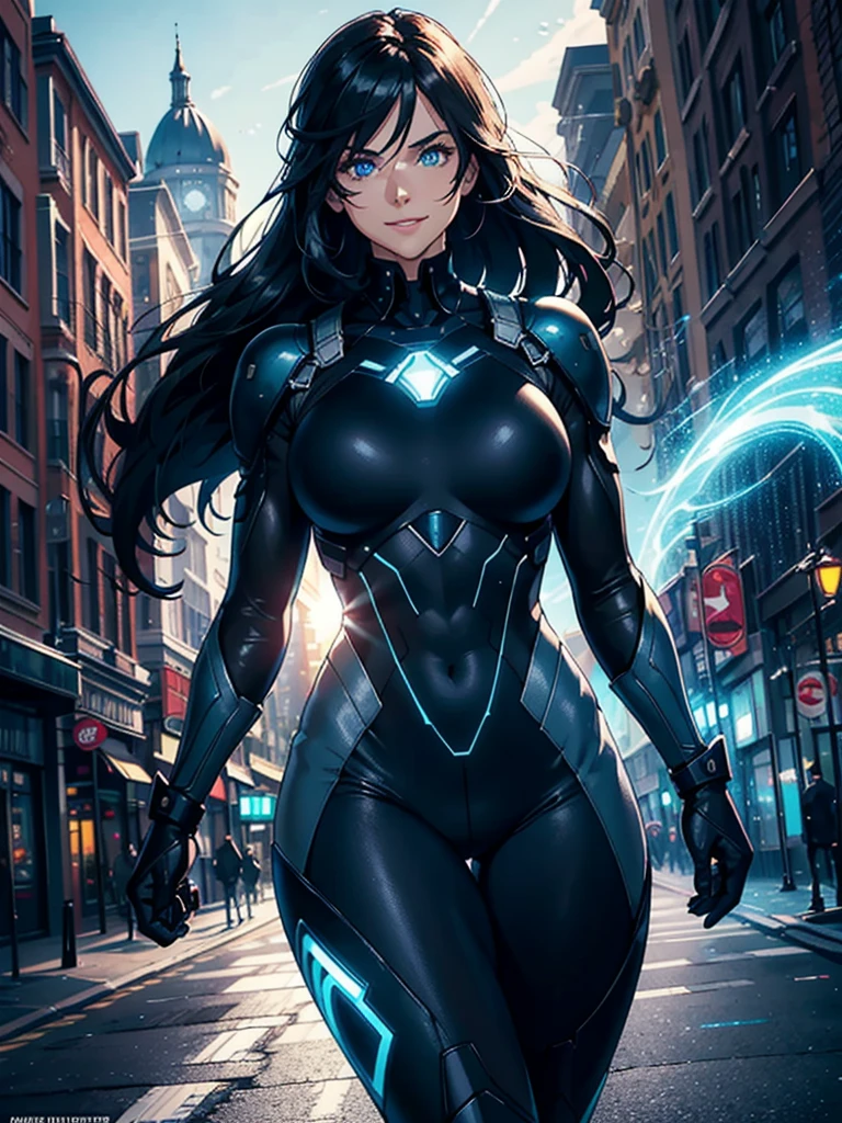 16K, HDR,UHD, RTX, ray tracing, chiaroscuro, best quality, masterpiece, ethereal, perfect illustration, digital artwork, trending on artstation, jaw-dropping perfection, ultra realistic, textured amazing lighting effects, perfect shadows, WLOP, 1girl, beautiful mature edgy woman in a cool long jacket and black pants, superhero suit, stomach covered by clothing, shoulder-length hair, shoulder-length hair, wavy hair, black hair, highly detailed glowing blue eyes, glowing eyes, blue eyes, beautiful glowy blue eyes, detailed eyes, beautiful face, perfect anatomy, broad shoulders, strong upper-body, modern city, city, beautiful weather, stunning sunshine, sunny, daylight, sunlight, modern, nature, daytime, superhero, uplifting, heroic, heroic pose, smiling, smiling at camera, athletic, hands near hips, glowy eyes, daytime, black and blue superhero suit, metal shoulder-pads, summertime, radiant sunlight, beautiful cityscape, hair blowing in wind, manly shoulders, big smile, wide smile, happy eyes, joyful, smiling with teeth, very tall, wide shoulders, tall