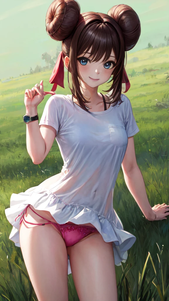 masterpiece, Best Quality, 超A high resolution, top-quality, Anime style, The best lighting, Beautiful face, masterpiece, Hi-Res, RO1, Hair buns, blue eyes, Twin-tailed, panthyhose, tightpanties, Pink ribbon, wrist watch, Standing, cowboy shot, deph of field, pokeball \(basic\), A smile, (Grass background:1.5), pleasant sunny sky, 1 girl
