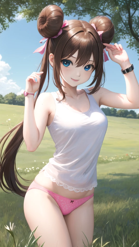masterpiece, Best Quality, 超A high resolution, top-quality, Anime style, The best lighting, Beautiful face, masterpiece, Hi-Res, RO1, Hair buns, blue eyes, Twin-tailed, panthyhose, tightpanties, Pink ribbon, wrist watch, Standing, cowboy shot, deph of field, pokeball \(basic\), A smile, (Grass background:1.5), pleasant sunny sky, 1 girl