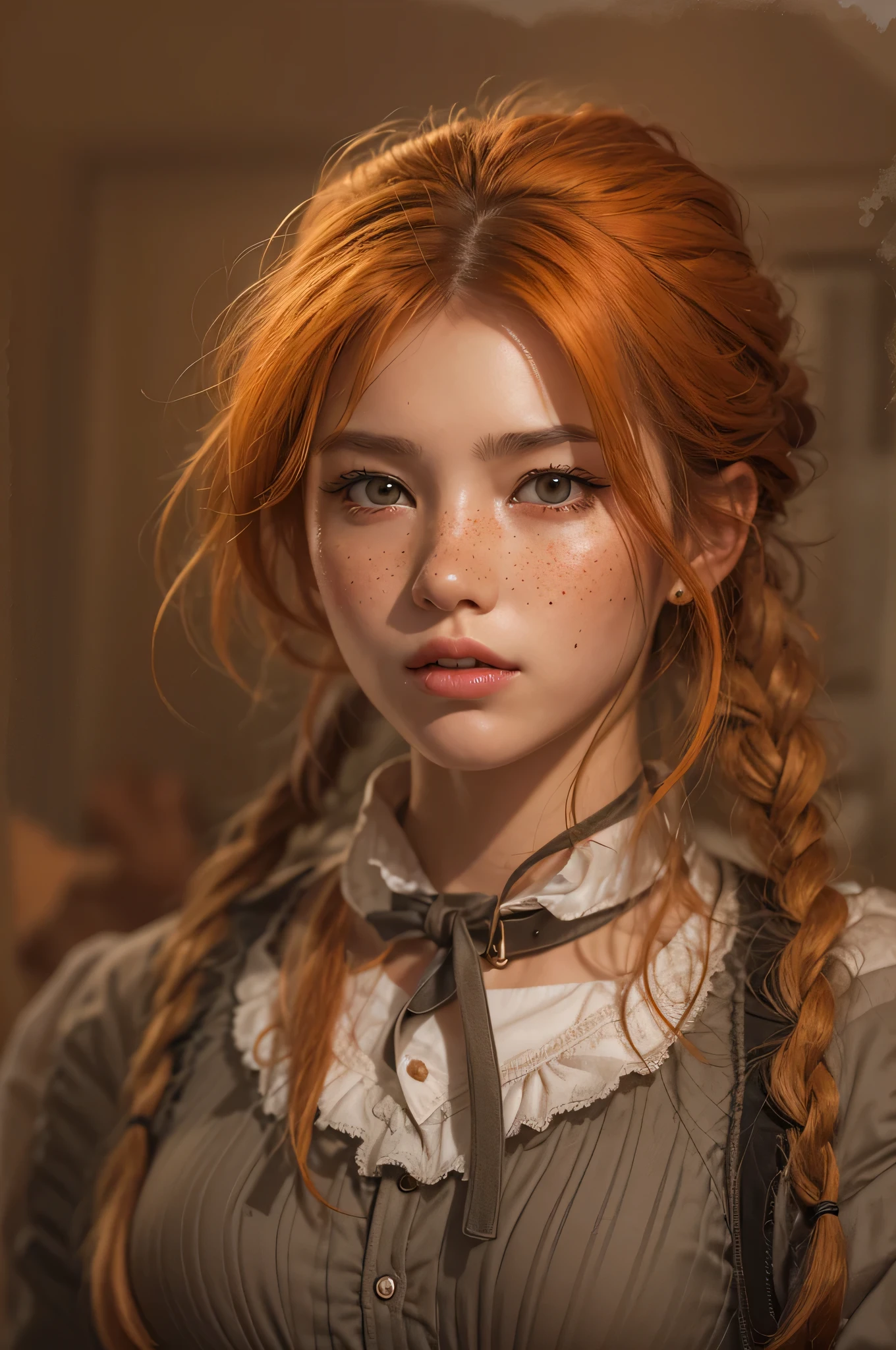 1girl, belviso, bob cut, braid, light freckles, lips, long hair, looking at viewer, messy hair, orange hair, 
1800s western scene. dusty and beaten, 
half body shot, realistic, solo, teeth
sexy, adorable, seductive