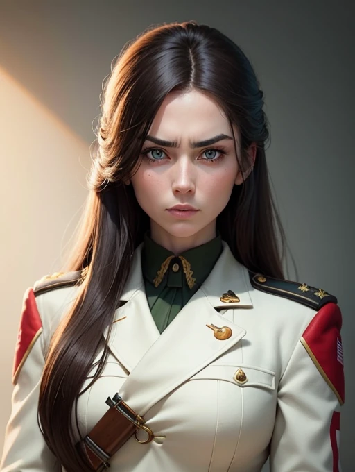 30 year old woman, shoulder length hair, greeneyes, serious expression, military uniform white, holding a gun, QG.