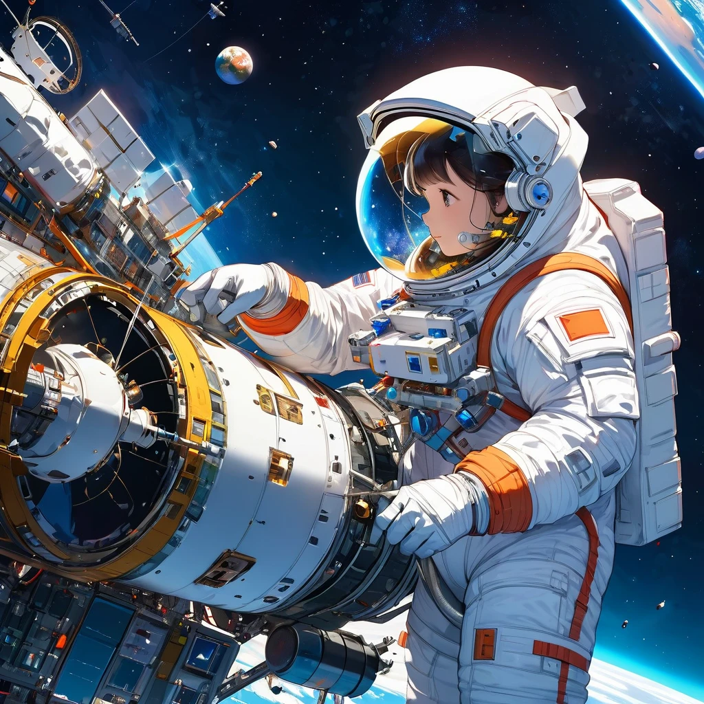an astronaut repairing a satellite, the background is in outer space with the earth visible in the lower right corner, (solo), from side, masterpiece, the best quality, super detailed, vivid colors.