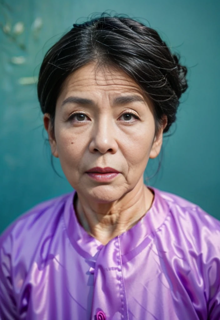 Highly realistic photo, ((masterpiece), (best quality), (raw photo), (photorealistic:1.4), Portrait of a 85 year old Vietnamese woman, ((wearing a Traditional Vietnamese purple shirt)) , ((black hair)),black head scarf, ((blue background)) , photo taken by Sony A7IV
