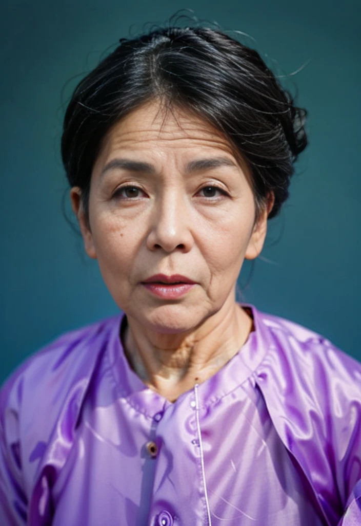 Highly realistic photo, ((masterpiece), (best quality), (raw photo), (photorealistic:1.4), Portrait of a 85 year old Vietnamese woman, ((wearing a Traditional Vietnamese purple shirt)) , ((black hair)),black head scarf, ((blue background)) , photo taken by Sony A7IV
