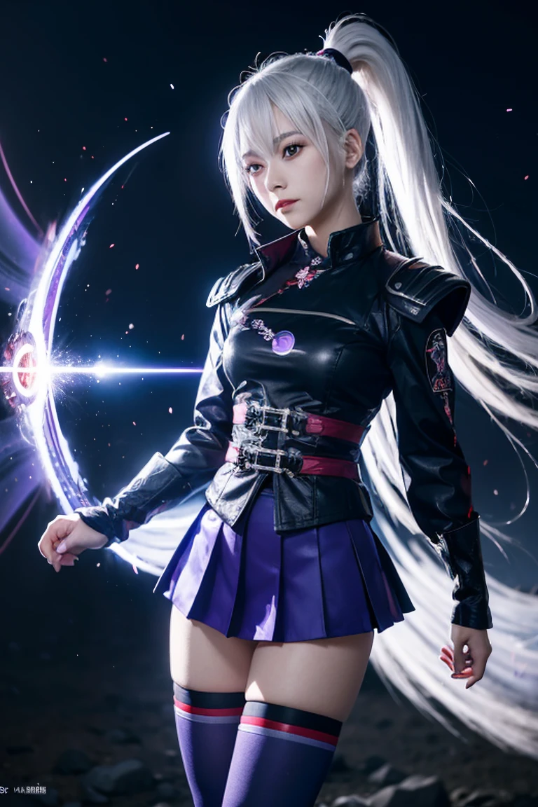 1girl, japanese clothes, ponytail ,white hair, purple eyes, magic circle, blue fire, blue flames, wallpaper, landscape, blood, blood splatter, depth of field, night, light particles, light rays, sidelighting, thighs, fate \(series\), genshin impact, ****, open jacket, skirt, thighhighs, cloud