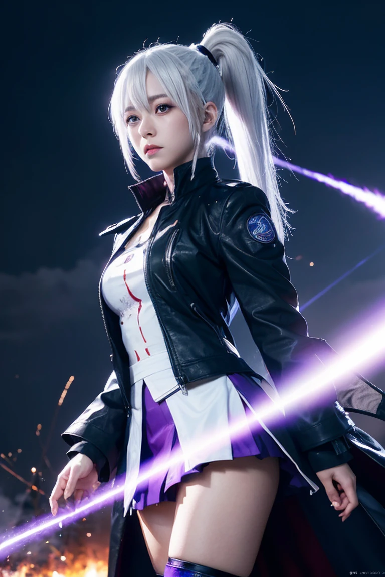 1girl, japanese clothes, ponytail ,white hair, purple eyes, magic circle, blue fire, blue flames, wallpaper, landscape, blood, blood splatter, depth of field, night, light particles, light rays, sidelighting, thighs, fate \(series\), genshin impact, ****, open jacket, skirt, thighhighs, cloud