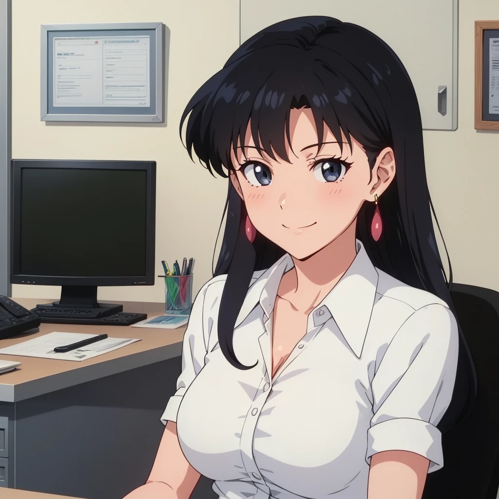 1990s anime screencap, a Bussiness girl, anime scene, sweet smile, black hair, black eyes, black skirt, white shirt, office lady, cleavage, sitting, looking at viewer, earrings, blush, at office