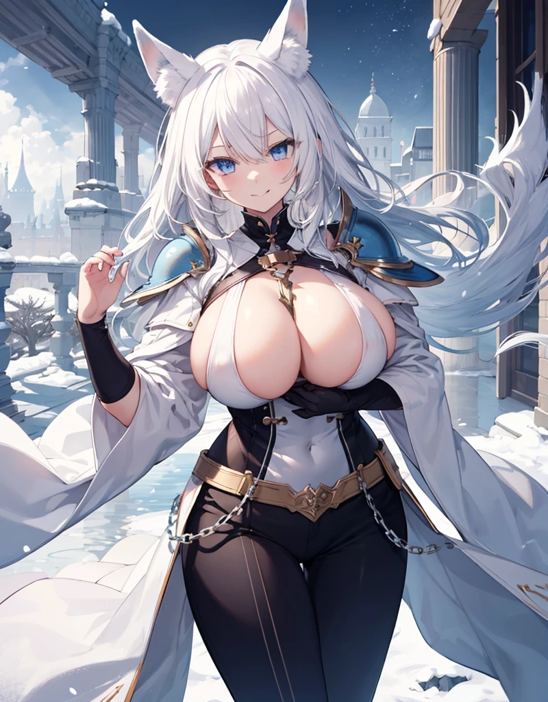 [[[ ultra-detailed, best quality, soft skin, beautiful, 4K]]] white hair, blue eyes, tied-up hair, slender body, dynamic angle, chainmail, white armor, white fox ears, calm expression, female, snowy palace gardens background, serious expression. walking angle, ((little horny smile)) big huge massive breasts 