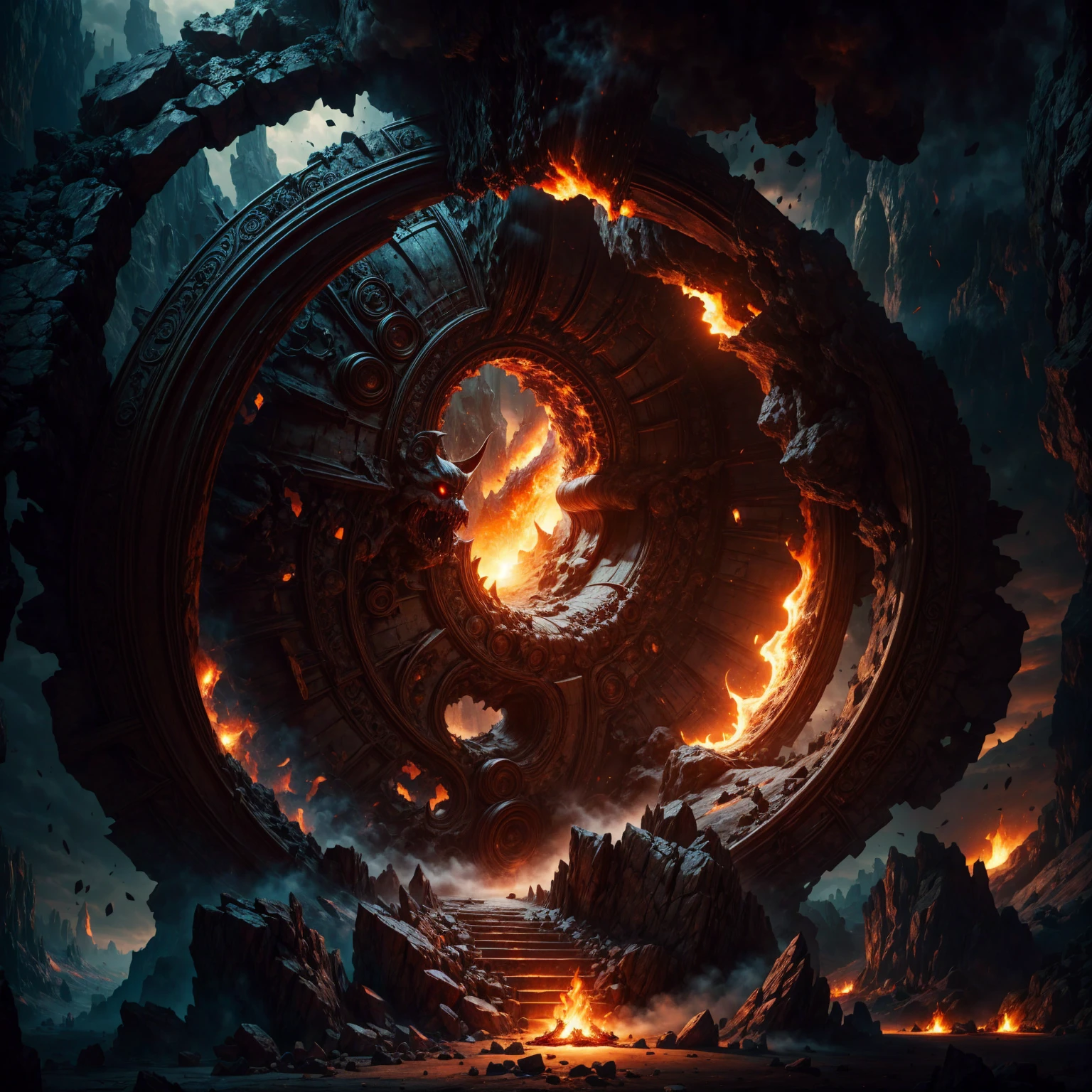 Emma Watson, Android 18 , walking through a dark cave with fire in the background, the A Door in Hell, the The gates of hell, A Door in Hell, The Great Door of Hell, Hellscape, Portal in AD, The gates of hell, fon ada, portal to the lost kingdom of flame, marc simonetti. difficult, the last battle in hell, Hyperreal Hell, cleavage exposed, big breasts, top quality, a lot of details, Focus Puri Clear and realistic