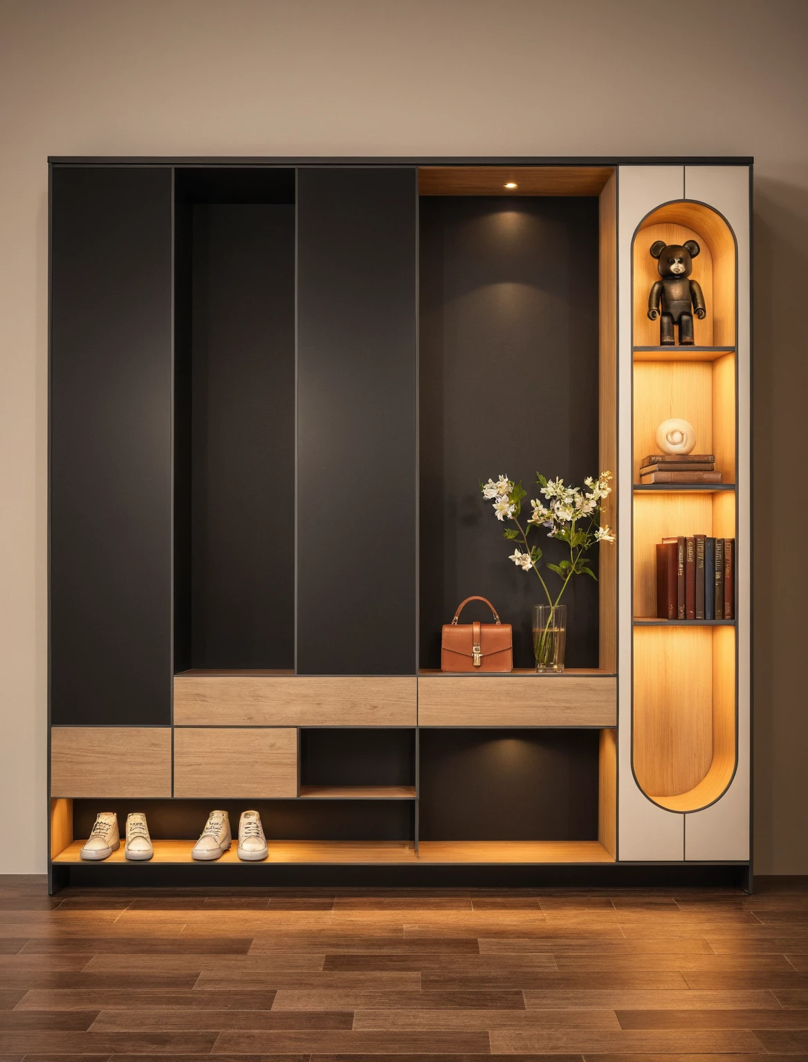 Raw photo,Masterpiece, high quality, best quality, authentic, super detail, interior, shoes Cabinet style modern luxury , sunset, daylight, shoe cabinets, decorative cabinets, flower vases, decorations, books, wooden floor, handbags, shoes, bearbrick, (black tones)