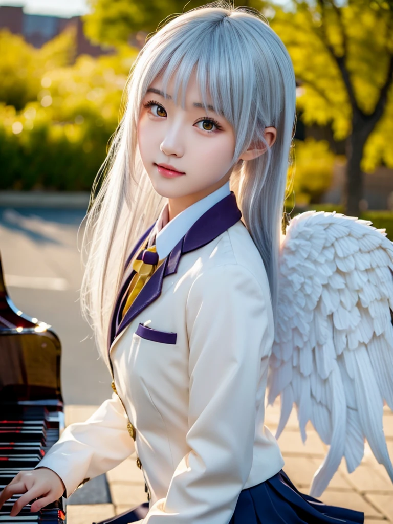 (Highest quality、4K、8K, masterpiece:1.3), Ultra detailed face, Detailed lips, Detailed eyes, double eyelid, BREAK, 
(extreme close up:1.5), 
BREAK,
1girl, 18 years old, short height, tachibana kanade, (yellow eyes), (white hair, long hair), bangs, hair pulled back, short height, 
BREAK, 
looking at viewer, ((playing piano)), photo background, photo inset, dusk, outdoors, spring, wind, falling petals, sunlight, skyline, 
BREAK,
schooluniform, jacket, blazer, long sleeves, neck ribbon, gem, necklace, pleated skirt, kneehighs, loafers, (((Big angel wings on your back)),
