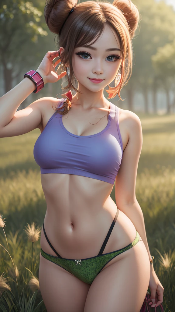 masterpiece, Best Quality, 超A high resolution, top-quality, Anime style, The best lighting, Beautiful face, ​masterpiece, Hi-Res, RO1, Hair buns, blue eyes, Twin-tailed, panthyhose, tightpanties, Pink ribbon, wrist watch,  Standing, cowboy shot, deph of field, pokeball \(basic\), A smile, (Grass background:1.5), pleasant sunny sky, 1 girl