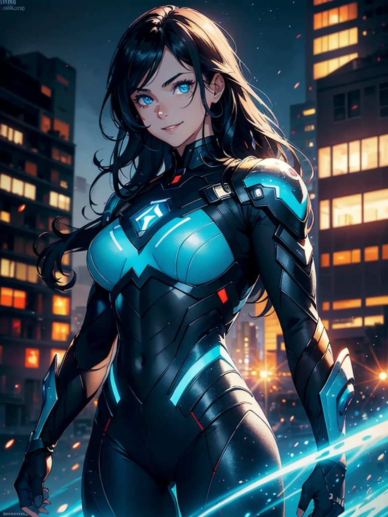 16K, HDR,UHD, RTX, ray tracing, chiaroscuro, best quality, masterpiece, ethereal, perfect illustration, digital artwork, trending on artstation, jaw-dropping perfection, ultra realistic, textured amazing lighting effects, perfect shadows, WLOP, 1girl, beautiful mature edgy woman in a cool long jacket and black pants, superhero suit, stomach covered by clothing, shoulder-length hair, shoulder-length hair, wavy hair, black hair, highly detailed glowing blue eyes, glowing eyes, blue eyes, beautiful glowy blue eyes, detailed eyes, beautiful face, perfect anatomy, broad shoulders, strong upper-body, modern city, city, beautiful weather, stunning sunshine, sunny, daylight, sunlight, modern, nature, daytime, superhero, uplifting, heroic, heroic pose, smiling, smiling at camera, athletic, hands near hips, glowy eyes, daytime, black and blue superhero suit, metal shoulder-pads, summertime, radiant sunlight, beautiful cityscape, hair blowing in wind, manly shoulders, big smile, wide smile, happy eyes, joyful, smiling with teeth, very tall, wide shoulders, tall