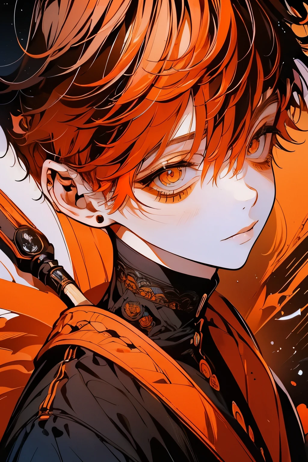 (Mastepiece), (Best Quality), Very detailed, 1 boy, Solo Shooting, Perfect Face, Beautiful Face, Very detailedな顔，(Orange Hair:1.3)，(short hair:1.4)、(Big eyes:1.4)，(Long eyelashes:1.4)、(Orange Eyes:1.3)、Black clothes、Lots of flowers、petal、(smile:1.4)