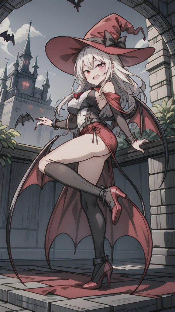 8K,  1girl, solo, sexy vampire witch, white long hair, bright red eyes, showing fangs, bat wings, smile, (blush), (shy), looking at viewer,  dynamic angle, fantastic scenery castle, big breast, show full body, magical girl, white hair, red eyes, black witch hat, demon tail, long hair, big ass, bloody 