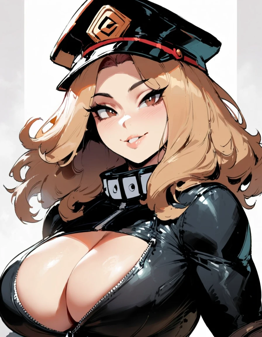 1girl, utsushimi kemii, boku no hero academia \\\\\ masterpiece, best quality, very aesthetic, absurdres, newest \\\\\\ slim body,///// ,by nyantcha,cutesexyrobutts , enn matien,,////// beautiful face, light brown hair ,plump and glossy lips, , looking at viewer, close-up, dark brown eyes,, cap, black catsuit with blending patterned lines and a zipper running down the middle, left slightly down to reveal her cleavage. She wears white cuffs around her wrists,smile,standing, white background