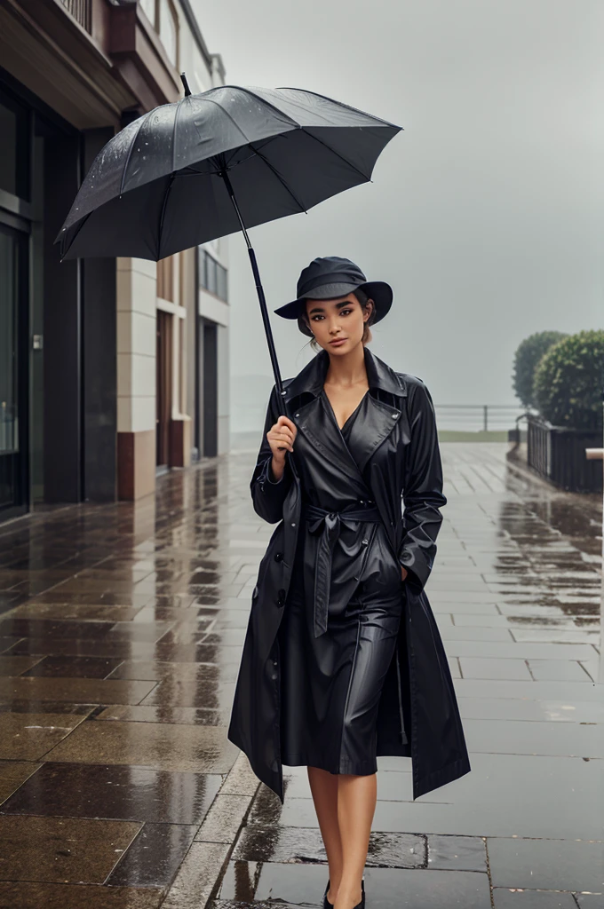 A beautiful  standing with an umbrella in the rain