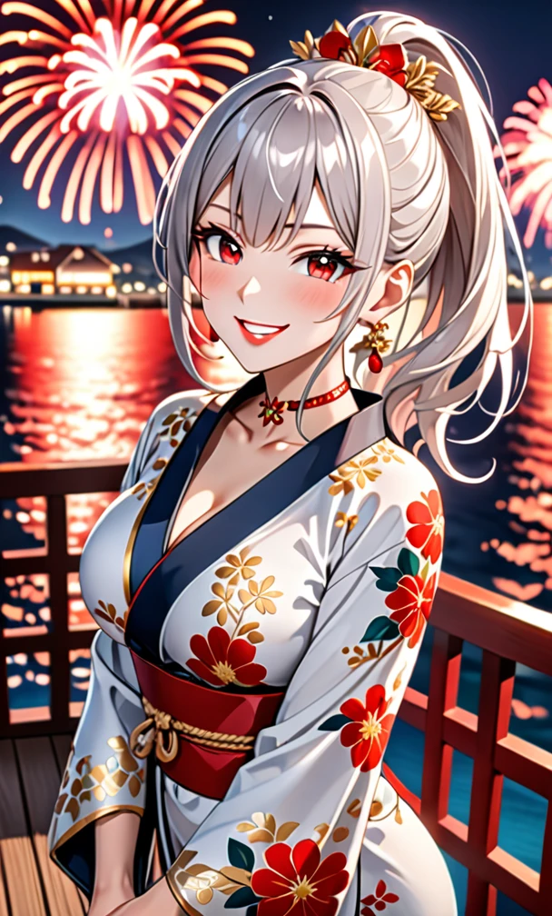 ((One personの女性)), Beautiful Face, (Laughing embarrassedly), (smirk:1.4), ((Wink:1.4)), (head tilt:1.3), Laugh with your mouth wide open, upper teeth, looking at viewer, (Doing sexy poses), ((Bright red cheeks:1.4)), Glossy Red Lips, night,Terrace with sea view, firework, Glossy red lips, Shining Face, ((Anime style background)),masterpiece, Highest quality, so beautiful,up to date, Complex details, (long nails of red color), (nail art), (ring),(bracelet),(Floral choker),AI-generated, Complex,High resolution, Highest quality, super high quality,3D Images、3D Images,One person,Long white hair,High Ponytail, Anime woman posing for a photo, (blue eyes:1.2), ((Fine grain、Light silvery white eyes、Shining Eyes:1.3)), (Squint your eyes:1.1),a hyperRealistic , hyperRealistic , Realistic,Anime woman with long white hair, Smooth anime CG art, (A woman in a colorful kimono with gold embroidery), (Black long sleeve kimono),Red floral pattern,Long flower hair ornament,Earrings,Mature Body,(Big Breasts:1.2),Tall,Abdominal muscles,Tight waist, (face focus:1.2), (dutch angle:1.3),