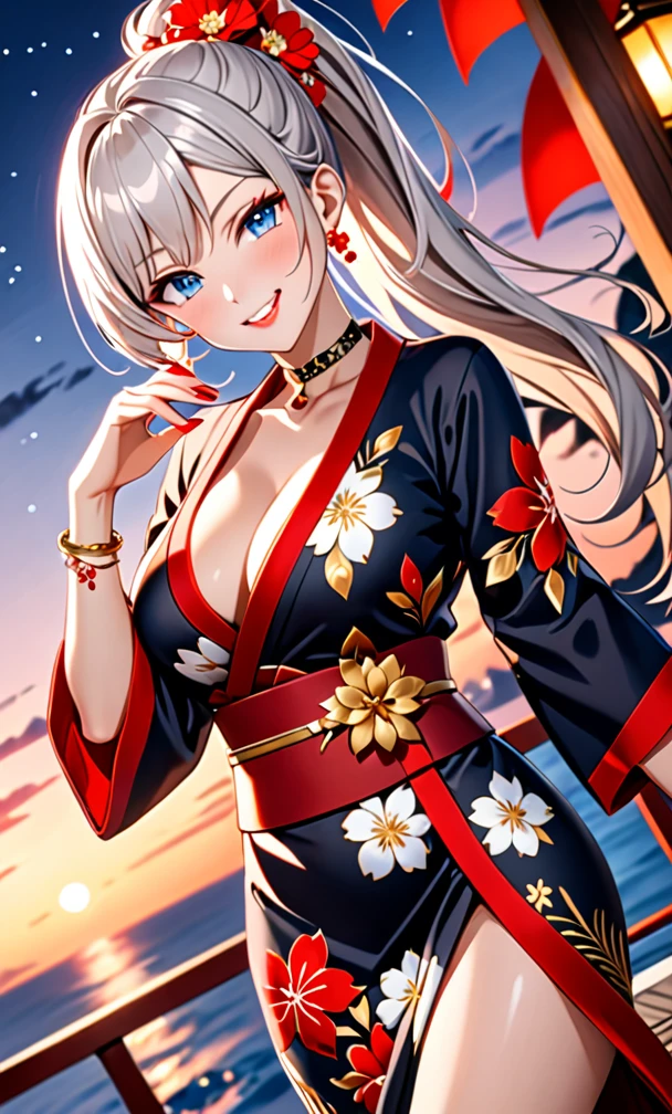 ((One personの女性)), Beautiful Face, (Laughing embarrassedly), (smirk:1.4), ((Wink:1.4)), (head tilt:1.3), Laugh with your mouth wide open, upper teeth, looking at viewer, (Doing sexy poses), ((Bright red cheeks:1.4)), Glossy Red Lips, night,Terrace with sea view, firework, Glossy red lips, Shining Face, ((Anime style background)),masterpiece, Highest quality, so beautiful,up to date, Complex details, (long nails of red color), (nail art), (ring),(bracelet),(Floral choker),AI-generated, Complex,High resolution, Highest quality, super high quality,3D Images、3D Images,One person,Long white hair,High Ponytail, Anime woman posing for a photo, (blue eyes:1.2), ((Fine grain、Light silvery white eyes、Shining Eyes:1.3)), (Squint your eyes:1.1),a hyperRealistic , hyperRealistic , Realistic,Anime woman with long white hair, Smooth anime CG art, (A woman in a colorful kimono with gold embroidery), (Black long sleeve kimono),Red floral pattern,Long flower hair ornament,Earrings,Mature Body,(Big Breasts:1.2),Tall,Abdominal muscles,Tight waist, (face focus:1.2), (dutch angle:1.3),