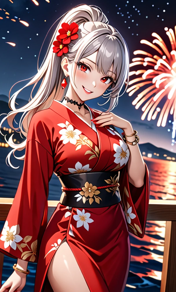 ((One personの女性)), Beautiful Face, (Laughing embarrassedly), (smirk:1.4), ((Wink:1.4)), (head tilt:1.3), Laugh with your mouth wide open, upper teeth, looking at viewer, (Doing sexy poses), ((Bright red cheeks:1.4)), Glossy Red Lips, night,Terrace with sea view, firework, Glossy red lips, Shining Face, ((Anime style background)),masterpiece, Highest quality, so beautiful,up to date, Complex details, (long nails of red color), (nail art), (ring),(bracelet),(Floral choker),AI-generated, Complex,High resolution, Highest quality, super high quality,3D Images、3D Images,One person,Long white hair,High Ponytail, Anime woman posing for a photo, (blue eyes:1.2), ((Fine grain、Light silvery white eyes、Shining Eyes:1.3)), (Squint your eyes:1.1),a hyperRealistic , hyperRealistic , Realistic,Anime woman with long white hair, Smooth anime CG art, (A woman in a colorful kimono with gold embroidery), (Black long sleeve kimono),Red floral pattern,Long flower hair ornament,Earrings,Mature Body,(Big Breasts:1.2),Tall,Abdominal muscles,Tight waist, (face focus:1.2), (dutch angle:1.3),