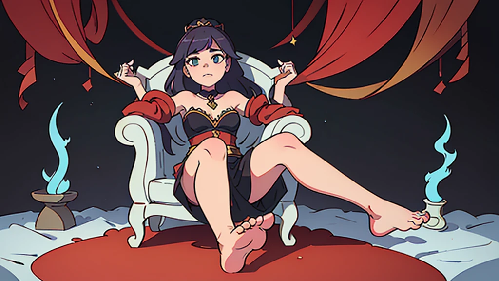 In a richly decorated room, a haughty woman sits enthroned on an upholstered armchair, her posture exuding an air of unquestionable superiority. With a deliberate gesture, she extends one leg, leaving her bare, perfectly groomed foot exposed for all to see. Her contemptuous gaze, like that of a disdainful queen, sweeps the room with icy indifference. Framed by perfectly arched eyebrows, her eyes convey a clear message: she knows she reigns at the top of the social hierarchy and demands recognition of her greatness. The spectators, lurking in the shadows, gaze at the offered foot with admiration mingled with desire and devotion. Every movement of her toes, every flexion of her ankle, is observed with almost religious attention by those who venerate the ground she treads. Foot fetishism takes on an almost sacred dimension in her presence. Her foot, displayed as an object of supreme desire, becomes a symbol of power and domination. Those who aspire to be admitted to her intimate circle of devoted servants know that to touch even a toe would be a rare and precious privilege. In this haughty posture, she embodies the very essence of power and domination, reigning as undisputed mistress over her realm of desires and fantasies, offering her foot as an object of veneration and submission. And thanks to the low-angle effect, the viewer's view of the haughty woman's feet further accentuates her imposing domination and dismissive attitude, intensifying the contrast between her perceived grandeur and those who gaze upon her with respect and fascination.