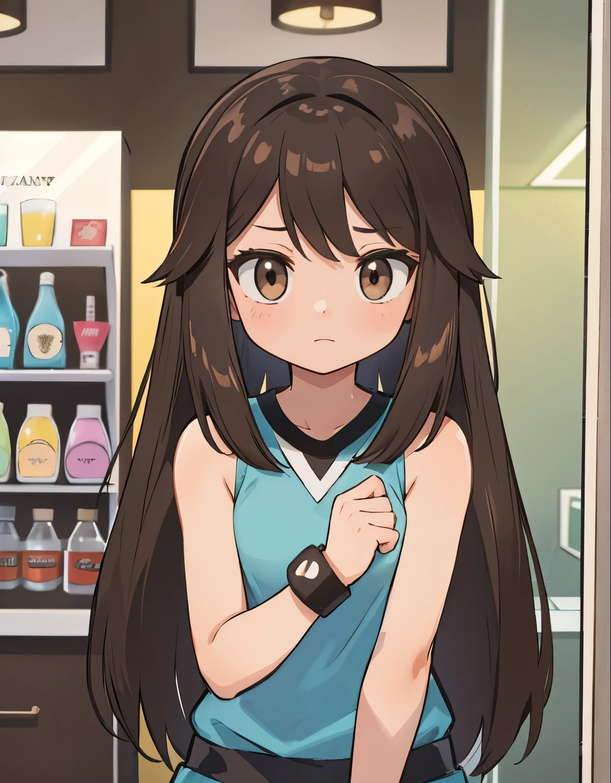 a girl inside a sex shop, She looks with sadness at the products that are on display., His gaze reflects shame and curiosity, trainerleaf1, sleeveless shirt, black wristbands, brown eyes, lookin at viewer,
