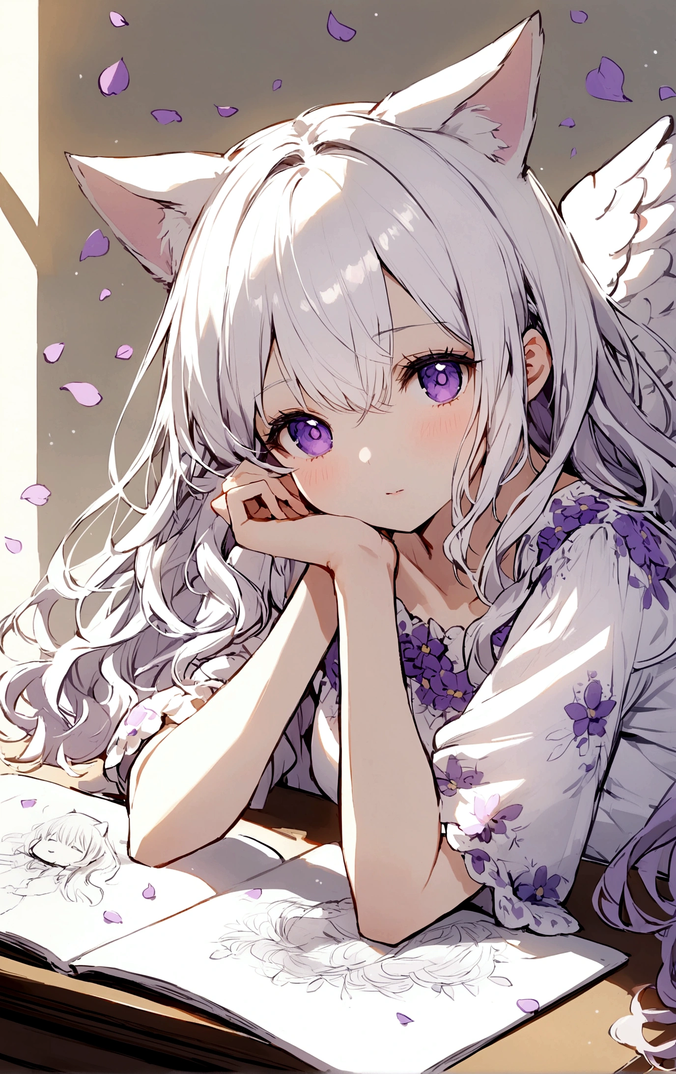 Wink,Long Wavy Hair,White hair is very attractive, Detailed and precise manual work, Attractive girl, White cat ears,Purple eyes and white eyelashes,light in your eyes,Big angel wings,Resting your elbows on the desk,Great light, Petals flutter,A delicate, flowing white dress with purple floral print, Hand-drawn illustration,Broad background,