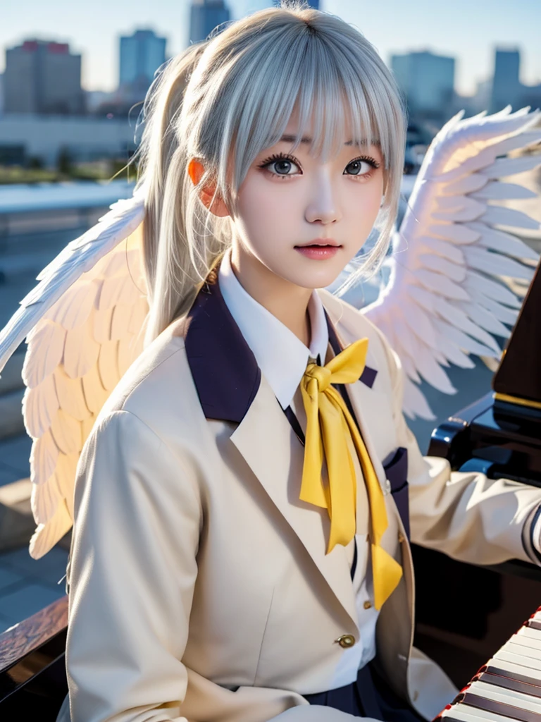 (Highest quality、4K、8K, masterpiece:1.3), Ultra detailed face, Detailed lips, Detailed eyes, double eyelid, BREAK, 
(extreme close up:1.5), 
BREAK,
1girl, 18 years old, short height, tachibana kanade, (yellow eyes), (white hair, long hair), bangs, hair pulled back, short height, 
BREAK, 
looking at viewer, ((playing piano)), photo background, photo inset, dusk, outdoors, spring, wind, falling petals, sunlight, skyline, 
BREAK,
schooluniform, jacket, blazer, long sleeves, neck ribbon, gem, necklace, pleated skirt, kneehighs, loafers, (((Big angel wings on your back)),
