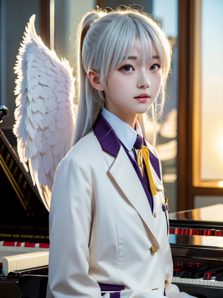 (Highest quality、4K、8K, masterpiece:1.3), Ultra detailed face, Detailed lips, Detailed eyes, double eyelid, BREAK, 
(extreme close up:1.5), 
BREAK,
1girl, 18 years old, short height, tachibana kanade, (yellow eyes), (white hair, long hair), bangs, hair pulled back, short height, 
BREAK, 
looking at viewer, ((playing piano)), photo background, photo inset, dusk, outdoors, spring, wind, falling petals, sunlight, skyline, 
BREAK,
schooluniform, jacket, blazer, long sleeves, neck ribbon, gem, necklace, pleated skirt, kneehighs, loafers, (((Big angel wings on your back)),
