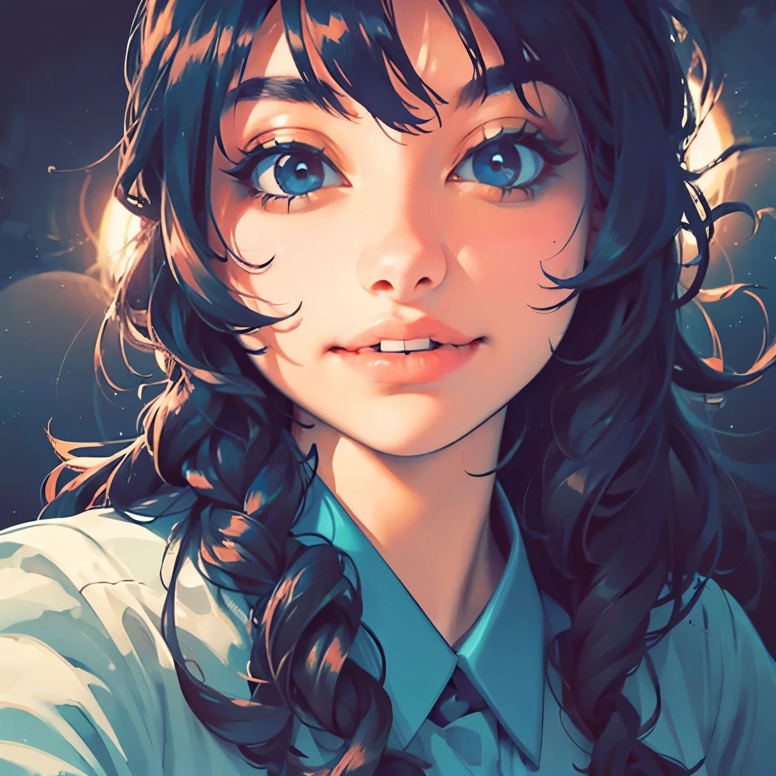 (Front Focus), (In the Dark: 1.6), Surrealistic Female Portraits by David Hockney and Alphonse Mucha, Perfect Beauty 1:1 Fantasy Art, Photo Realism, Dynamic Lighting, ArtStation, Poster, Volumetric Lighting, Very Detailed Faces, 4 K, Award-Awarded, 1girl, In the Dark, Deep Shadow, Low Key, Cowboy Shot, (Official Uniform: 1.4), Long Hair,