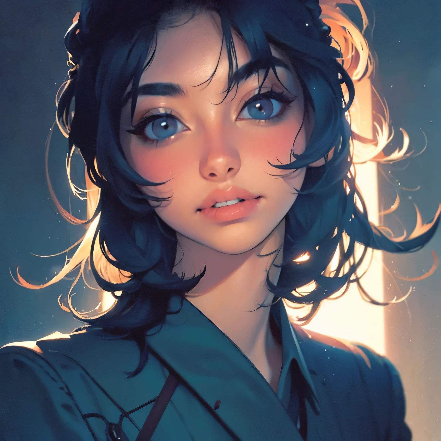 (Front Focus), (In the Dark: 1.6), Surrealistic Female Portraits by David Hockney and Alphonse Mucha, Perfect Beauty 1:1 Fantasy Art, Photo Realism, Dynamic Lighting, ArtStation, Poster, Volumetric Lighting, Very Detailed Faces, 4 K, Award-Awarded, 1girl, In the Dark, Deep Shadow, Low Key, Cowboy Shot, (Official Uniform: 1.4), Long Hair,