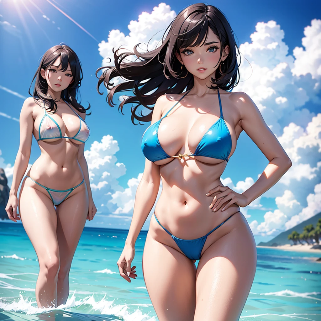 The most beautiful woman in the world in a transparent bikini with big thighs and big tits